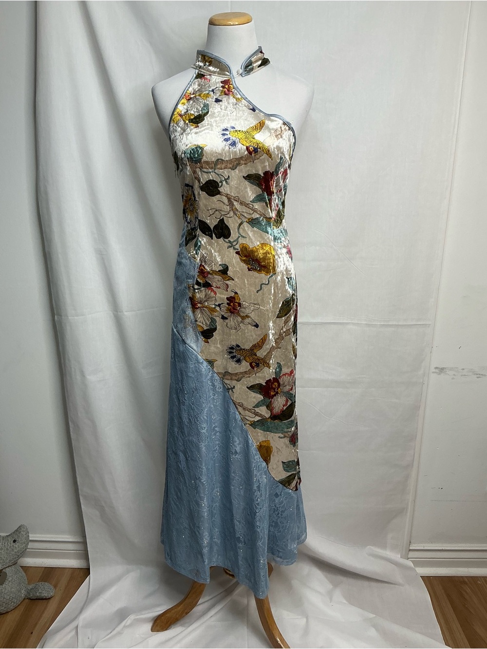 2067 - One-Shoulder Blue & Floral Bias Maxi Dress